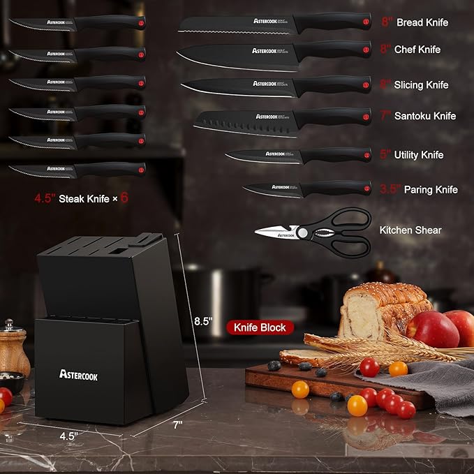 Knife Set, Astercook 15 Pieces Knife Sets for Kitchen with Block, Dishwasher Safe Kitchen Knife Set with Built in Sharpener Block, German Stainless Steel Knife Block Set, Valentine's Gift