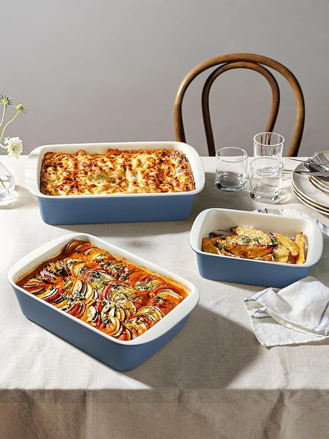 LE TAUCI Deep Casserole Dishes for Oven, 13.7”x9.6” Ceramic Baking Dish Set with Roasting Racks, Large Lasagna Pans with Handles, Rectangular Bakeware as Gift for Mom, Dusty Blue (4.6QT/3.0QT/1.6QT), Set of 3