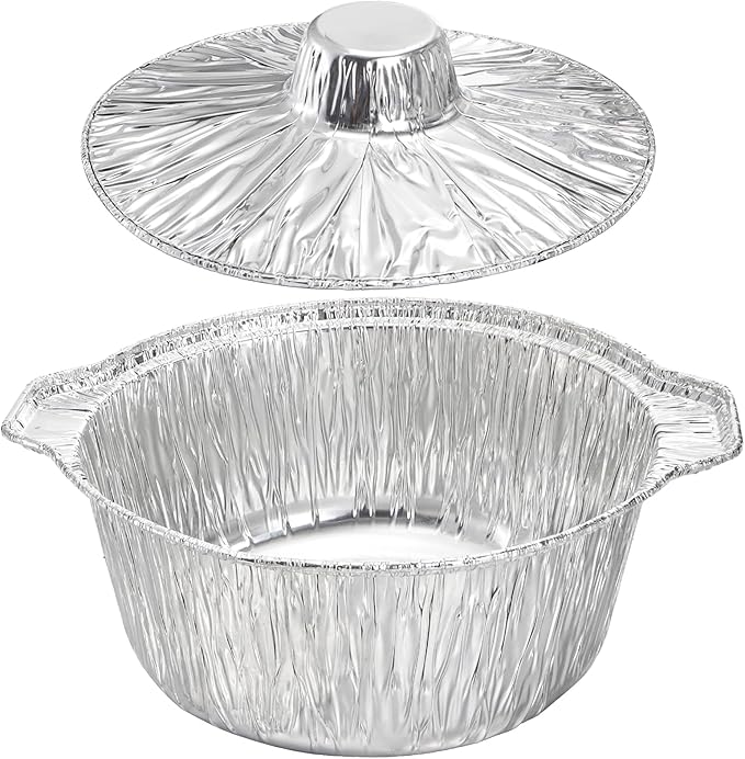 Frcctre 10 Pcs Disposable Aluminum Pot with LidS, Disposable 2 Liter Round Aluminum Foil Pan Food Container for Camping Vacation Trips Picnic Heating Cooking