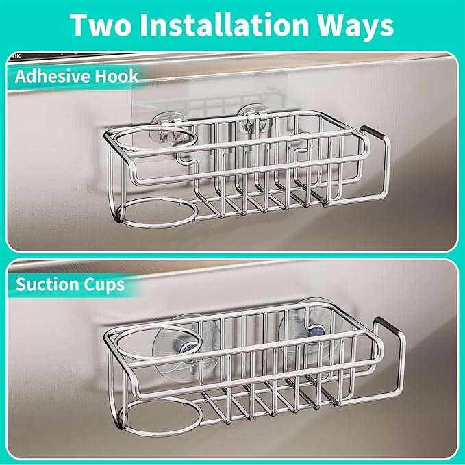 HapiRm 4 in 1 Sink Caddy Sponge Holder, SUS304 Stainless Steel Kitchen Brush Holder + Dish Cloth Hanger + Soap Rack + Sink Stopper Rack + Sponge Caddy for Kitchen - Silver