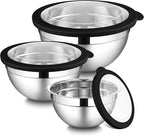 LIANYU Mixing Bowls Sets of 3, Stainless Steel Metal Nesting Mixing Bowl Sets for Kitchen, Large and Small Size 4.6 & 3 & 1.5QT, Include Transparent & Airtight Lids, Dishwasher & Freezer Safe, Black