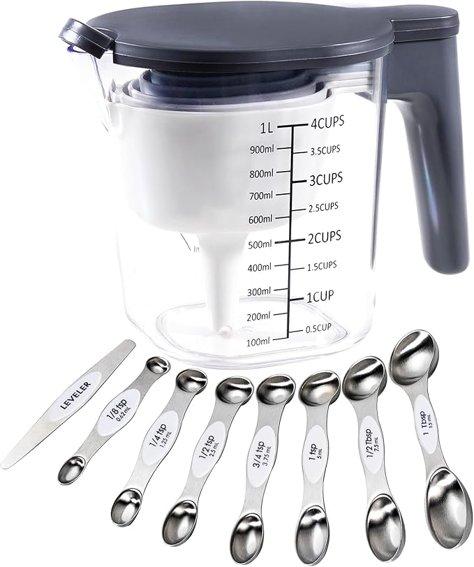 18 Pieces Measuring Cups and Spoons set, Includes 10 Stackable Measuring Cup with Lid and 8 Magnetic Measuring Spoons, for Liquid and Dry Ingredient, BPA Free (White)