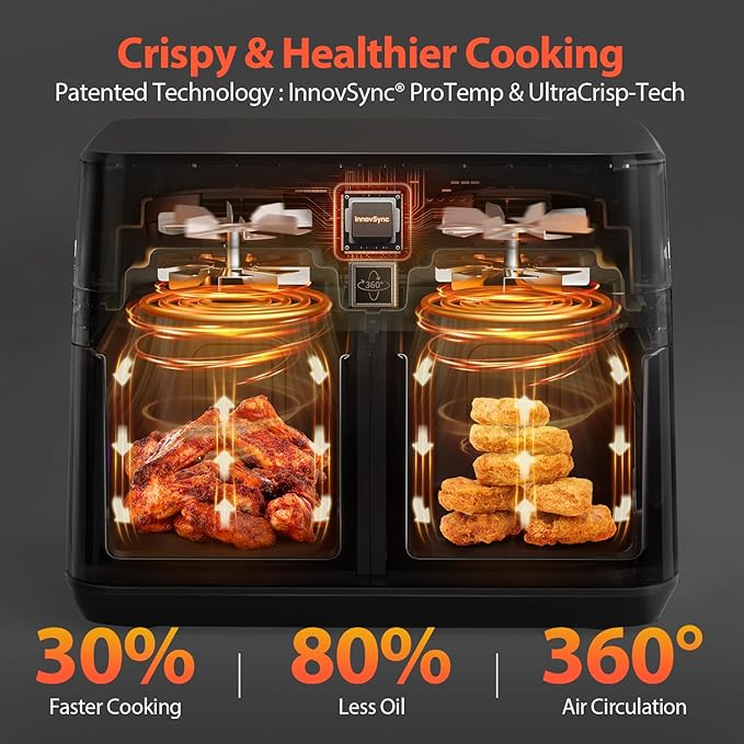 12QT Large Dual Air Fryer, 10-in-1 Double Zone Airfryer with 2×6QT Baskets, 60° Easy-Panel with Full Touchscreen, SyncCook Function, Viewing Window, Nonstick & Dishwasher Safe, 2 Dishes at Once, Black