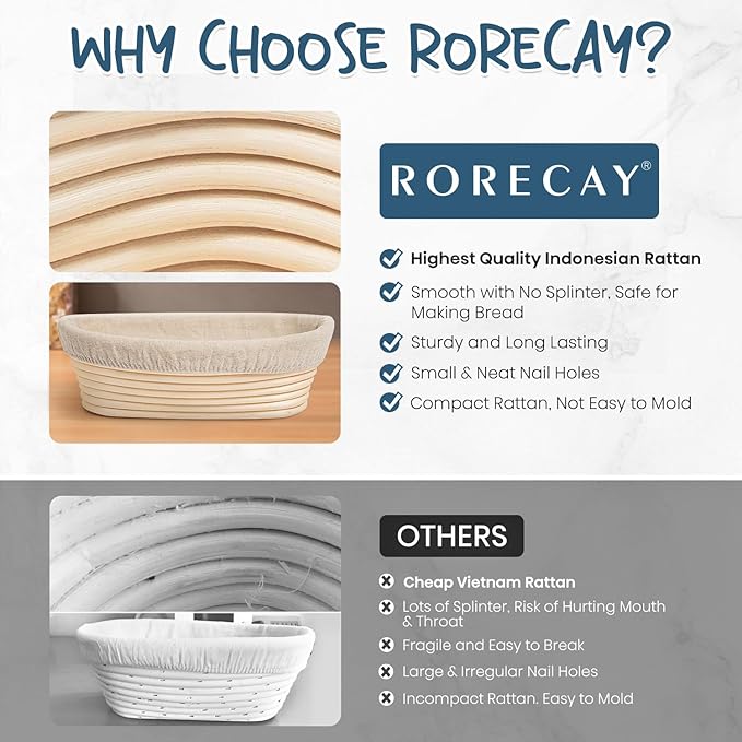 RORECAY Bread Banneton Proofing Basket Set, 9 Inch Round & 10 Inch Oval Cane Sourdough Baskets with Dough Whisk Lame Dough Scraper Bowl Scraper Silicone Brush Sourdough Bread Baking Supplies
