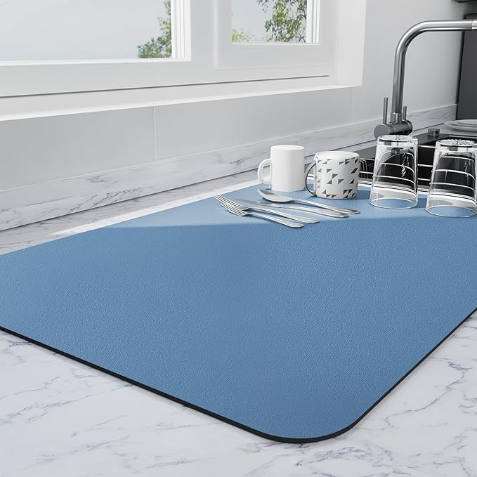 Ecotrim - Dish Drying Mat for Kitchen Counter | Coffee Bar Mat for Countertops | Heat Resistant Drainer Mat with Non-slip Rubber Backed | Hide Stain Kitchen Absorbent Draining Mat | Blue 18"x32"