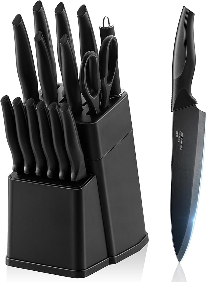 E-far Knife Set with Block, 15 Pieces Kitchen Knife Block Set with Sharpener, High Carbon Stainless Steel Sharp Chef Knife Set with Ergonomic Handles, Anti Rust, Black