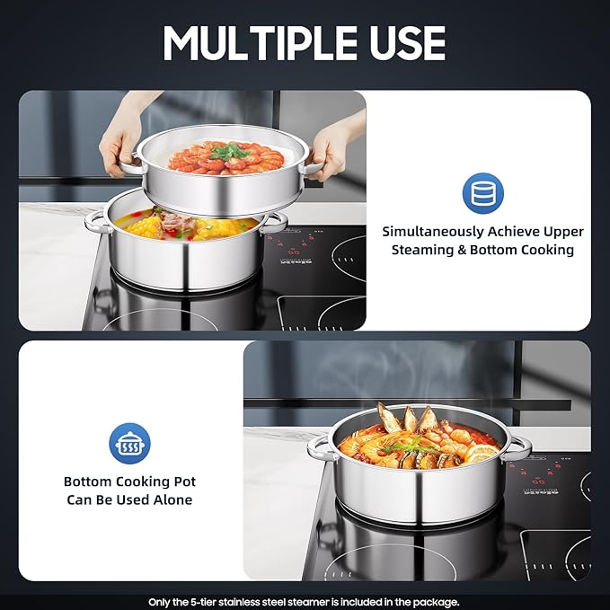 5 Tier Steamer Pot, Stackable Kitchen Steamer with One Piece Bottom Clear Visible Lid Large Capacity and Anti-Scald Handles Detachable Combination Storage Stainless Steel Steamers Pot for Dumplings Etc