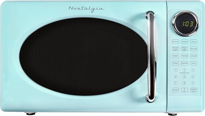 Nostalgia Retro Microwave Oven - 0.7 Cu Ft, 700-Watt Countertop Size with Glass Turntable, Child Safety Lock, 8 Auto-Cook Programs, Digital Clock - Aqua