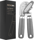 Beneno Heavy Duty Hand Can Opener Manual with Magnet, Durable Sharp Carbon Steel Blade Smooth Cutting, Big Effort-Saving Knob & Soft Grip Handle, Multifunctional Kitchen Tool with Bottle Opener, Gray