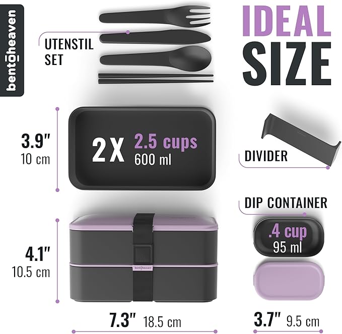 Bentoheaven Premium Bento Box Adult Lunch Box with Compartments for Women & Men, Set of Utensil & Chopsticks & Dip Container, Cute Japanese Kids Bento Lunch Box, Microwavable (Violet Me Go)
