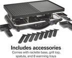 Hamilton Beach Electric Indoor Raclette Table Grill, 200 sq. in. PFAS-Free Nonstick Griddle Serves up to 8 People for Parties and Family Fun, Includes 8 Warming Trays, Black (31612MN-MX)