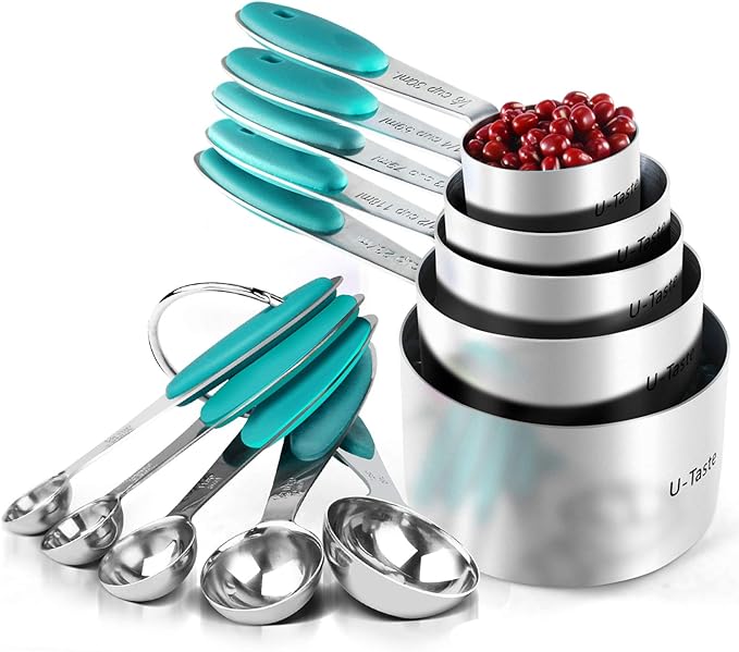 Measuring Cups : U-Taste 18/8 Stainless Steel Measuring Cups and Spoons Set of 10 Piece, Upgraded Thickness Handle (Teal)