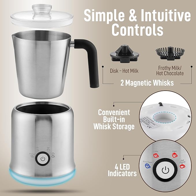 Zulay Electric Hot Chocolate Maker Machine - Powerful, Stainless Steel Hot Chocolate Machine & Hot Cocoa Maker - 4-in-1 Detachable Milk Frother Heater & Cold Foam Maker - Milk Frother Dishwasher Safe