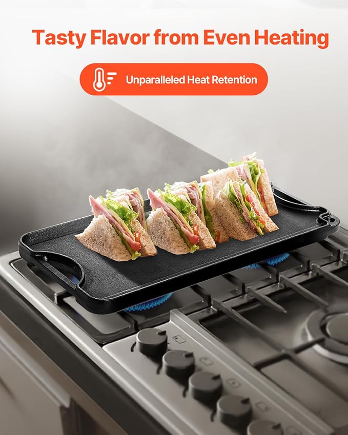 VEVOR Reversible Grill/Griddle, 20x10 inch Pre-Seasoned Cast Iron Griddle, Portable Rectangular Pan with Handle, Family Cookware for Indoor/Outdoor Stove Top Burner, Gas, Camping BBQ, Black
