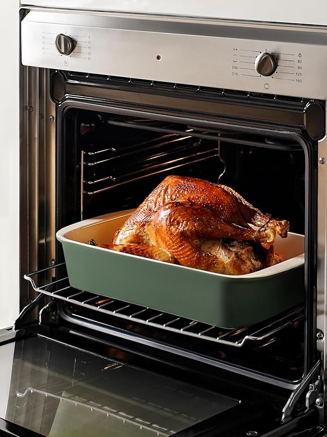 LE TAUCI Deep Casserole Dishes for Oven, 13.7”x9.6” Ceramic Baking Dish Set with Roasting Racks, Large Lasagna Pans with Handles, Rectangular Bakeware as Gift for Mom, Forest Green (4.6QT/3.0QT/1.6QT), Set of 3