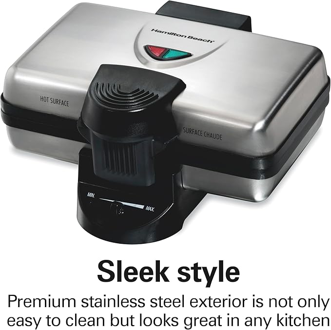 Hamilton Beach Belgian Mini Waffle Maker with Shade Control, Makes 2 at Once, Create Personalized Keto Chaffles and Hash Browns, PFAS-Free Non-Stick Plates, Compact Design, Stainless Steel (26009)
