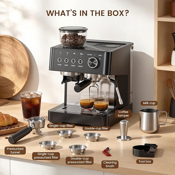 Kismile 20-Bar Espresso Machine with Grinder, Expresso Coffee Machines Coffee Maker with Grinder, Milk Frother/Steam Wand & Tamping Tools for Cappuccino & Latte