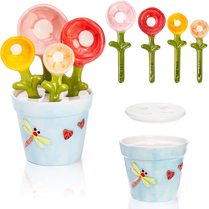 Coloch 5Pcs Ceramic Measuring Spoons and Cup, Flower Baking Scale Spoons with Base Set for Dry and Liquid Ingredient, 1/4 tsp, 1/2 tsp, 1 tsp, 1 Tbsp