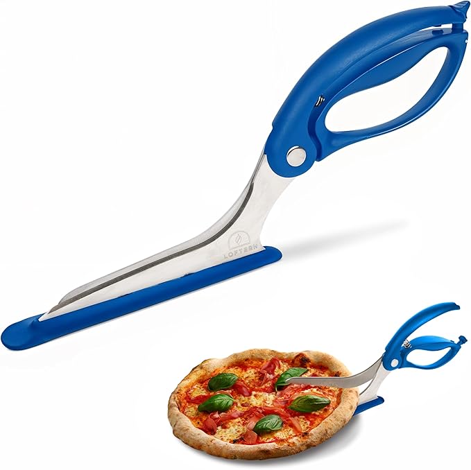 Loftern Blue Pizza Scissors - Non-Stick Pizza Scissors with Firm Grip Base - Food Grade Stainless Steel Pizza Cutter - 5-in-1 Food Slicer & Pizza Server - Durable, Safe & Mess Free