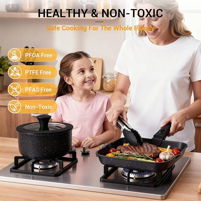 Ammeloo 21 Pcs Pots and Pans Set Non Stick with Detachable Handle & Grill Pan, Induction Ceramic Cookware Set, Non Toxic Kitchen Pots and Pans Set for RVs,Camping, Oven/Dishwasher Safe, Black