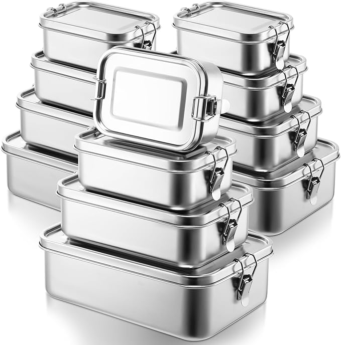 Umigy 12 Pcs Stainless Steel Food Containers 550/850/1400/2400 ml Metal Bento Lunch Box Stainless Steel Food Storage Containers, Lockable Clips to Leak Proof, Reusable Dishwasher Snack Boxes for Work