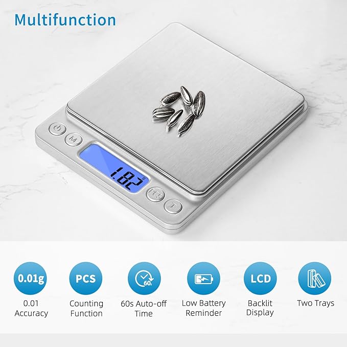 Toprime Digital Gram Scale 500g 0.01g Food Scale High Precision Kitchen Scale Multifunctional Stainless Steel Pocket Scale with Back-Lit LCD Display Tare PCS Features Silver