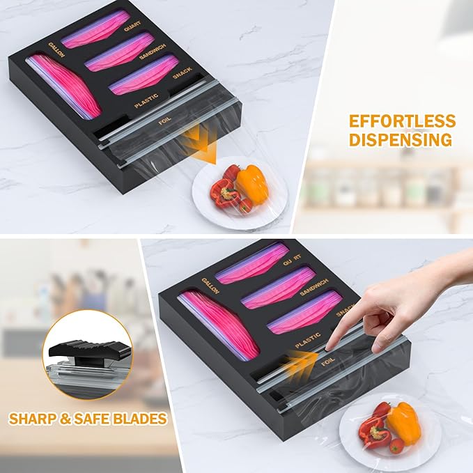DALSHABET Bamboo Bag Organizer with Magnetic Closure, 6 In 1 Kitchen Drawer Foil and Plastic Wrap Dispenser with Cutter, Storage bag for Gallon, Quart, Sandwich, Snack Black