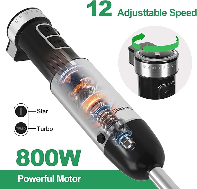 Blackcow Immersion Blender Handheld, 800W Powerful Electric Hand Blender with Titanium Alloy Blades, 12 Speeds & Turbo, Electric Hand Mixer for Smoothies, Soups, Baby Food and Purees
