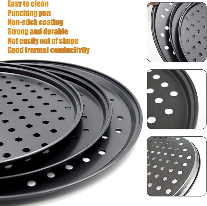 Handook Pizza Pan Set, Carbon Steel Pizza Pan with Holes, for Oven Baking Supplies & Home, Kitchen, Restaurant（9 Inch &10 Inch &12 Inch）