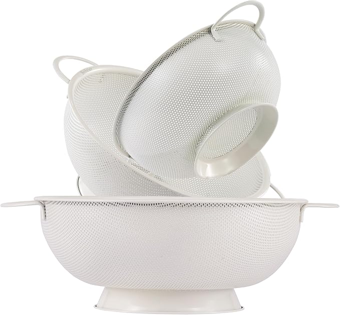 Stainless Steel Colander 3 Piece,Metal Strainer Basket with Solid Base and Handles for Kitchen Food,Pasta, Noodles, Vegetables and Fruits,Powder Coated,BPA Free,Dishwasher Safe,2 & 3 & 4.5 Qt (Cream)