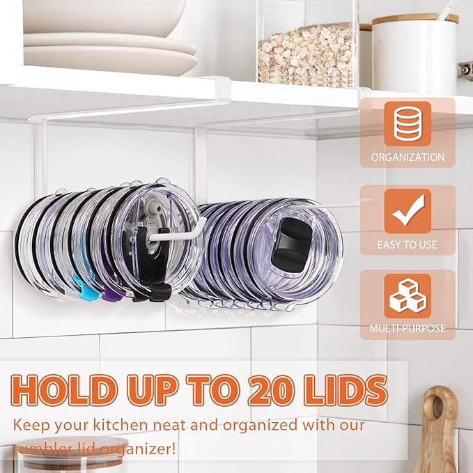2 Pack Tumbler Lid Organizer, Horizontal Tumbler Lid Storage Hook Up to 20 Lids, Space Saving Cup Lid Holder Under Cabinet Tumbler Lid Hook for Kitchen Organizer, Paper Towel Hanger(Round&Flat, White)
