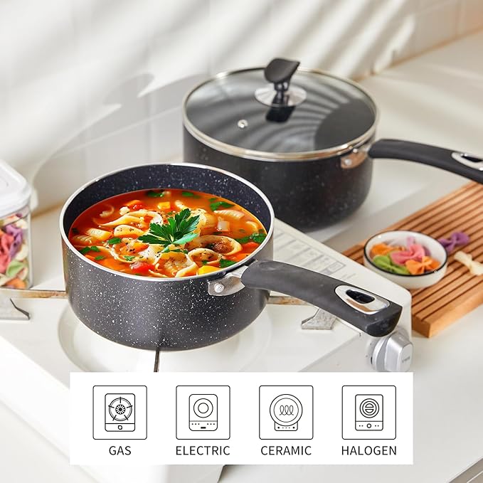Nonstick Saucepan Set - 3-Pieces Pot Set 1 Quart & 2 Quart & 3 Quart,Ultra Non Stick Sauce Pan Small Pot with Glass Lid,Great for Home Kitchen Restaurant,Black