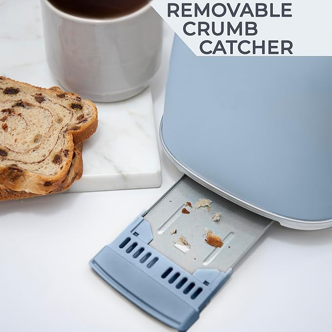 Rae Dunn Retro Rounded Bread Toaster, 2 Slice Stainless Steel Toaster with Removable Crumb Tray, Wide Slot with 6 Browning Levels, Bagel, Defrost and Cancel Options (Baby Blue)