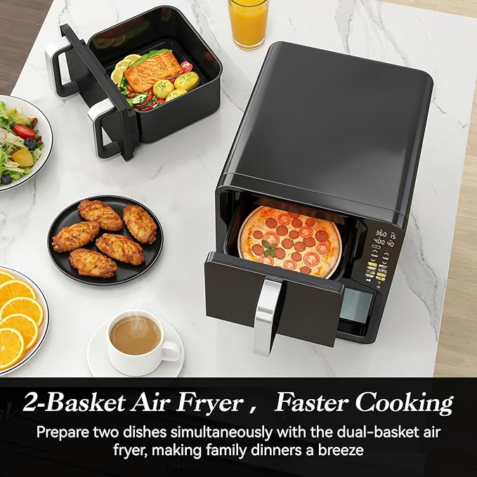 12QT Dual Basket Air Fryer, Vertical Double Stack XL 2-Basket, Feeds Up to 10 People, 8-in-1 Presets with Digital Touchscreen to Free DIY, Compact Design, Easy to Clean, Black