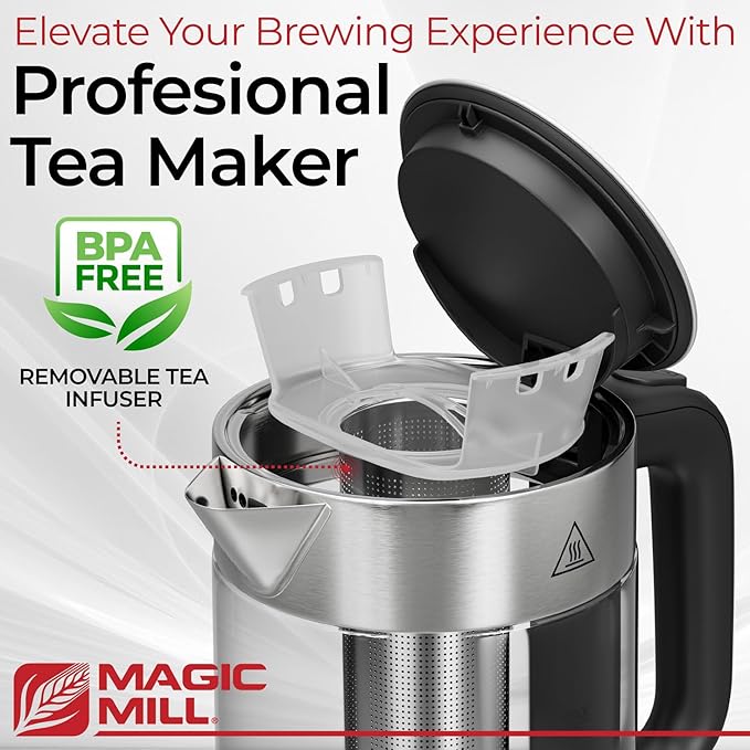 Magic Mill Pro Electric Kettle with tea Infuser and Temperature Control - Keep Warm Function, Rapid Boil, Automatic Safety Shut Off, BPA Free, No Plastic on Water, British Patent Technology,Large 1.7L