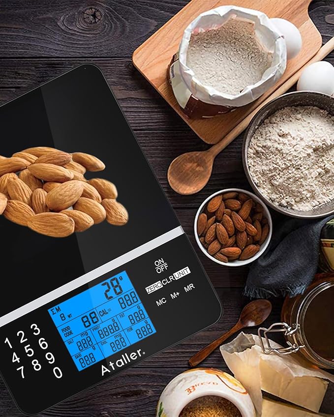 Ataller Food Scale with Nutritional Calculator, Kitchen Diet Scale, Digital Food Calorie Counting Scale for Meal Prep, Kitchen, Baking, Weight Loss, Resolution 1g, Max 5kg 11Ib, Tempered Glass, Black