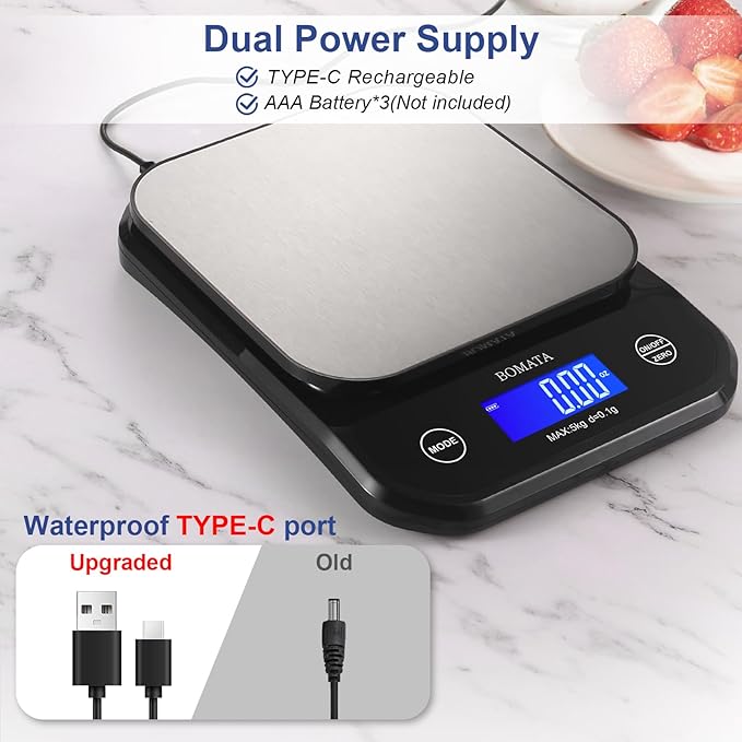 BOMATA Waterproof Kitchen Scale, 0.1g/0.01oz High Precision, 5kg/11lb, Washable, USB Rechargeable, Digital Scale for Food,Cooking, Baking, Weight Loss, Grey