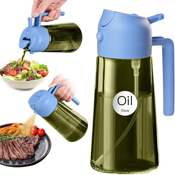 YARRAMATE 16oz/470ml Dark Green Oil Sprayer for Cooking with Stickers, Food-grade Premium 2 in 1 Olive Oil Dispenser Bottle for Kitchen Gadgets, Air Fryer, Salad, Frying, BBQ (SkyBlue)