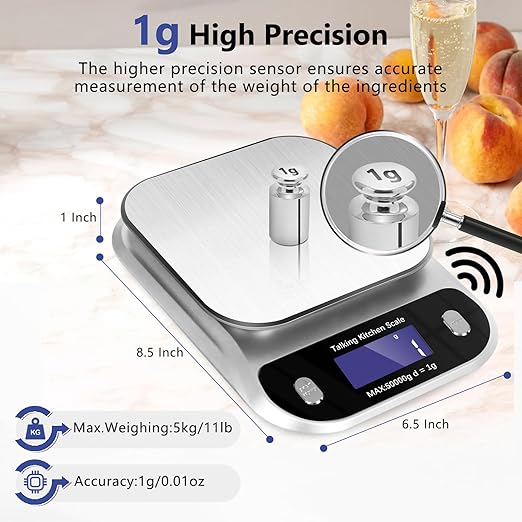 Talking Food Scale, 5kg/11lb Talking Digital Kitchen Scales Weight Ounces and Grams for Cooking, Talking Sales for Food, Clear Pure Voice Talking Scales for Visually Impaired(Battery Included)