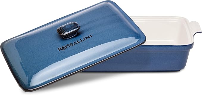 ROSSALLINI Stoneware Casserole Dish Bakeware Set with Lid, Covered Rectangular Dinnerware, Extra Large 4.23 Quart, 13 by 9 Inch, Blu Indaco [Reactive Blue]