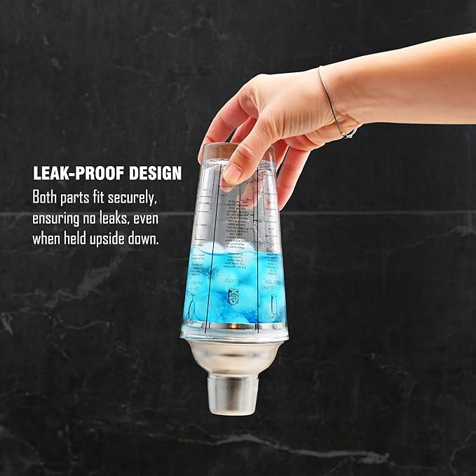 EVERYDAY COCKTAIL - Professional Glass Cocktail Shaker 14 oz, Martini Shaker with Recipes and Measurements, Built-in Strainer and Leakproof Seal, Clear Bar Tool for Margaritas, Martinis