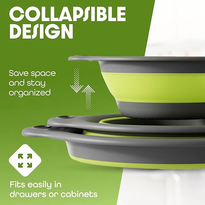 Gevoli 3-Pack Collapsible Colanders with Self-Draining Base, Over Sink-edge Silicone Food Strainers, Small/Med/Large Sizes, Nesting for Easy Compact Storage (3Qt, 4Qt, 5-Quart Set) Green/Gray