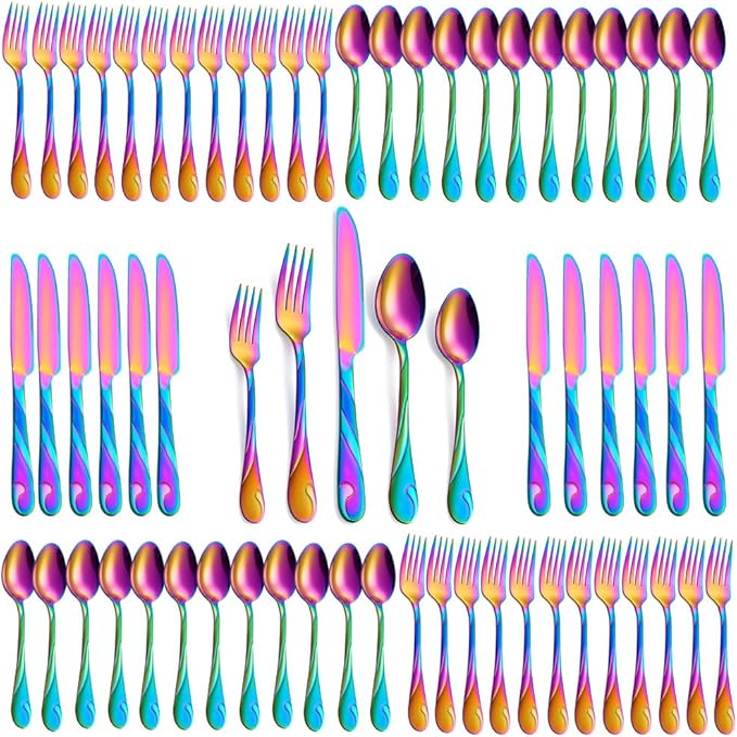 Rainbow Silverware Set for 12, 60-Piece Stainless Steel Flatware Set, Shiny Rainbow Metal Cutlery Set, Include Fork, Knife and Spoon Set, Dishwasher Safe