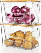 Delamu 2 Set Pantry Organizers and Storage, Trash Bag Holder Under Sink Organizer for 4-13 Gal Bags, Trash Bag Dispenser with Bamboo Top for Onion, Potato, Garlic, Clear (11-7/32"L*7" W*7-1/8"H)