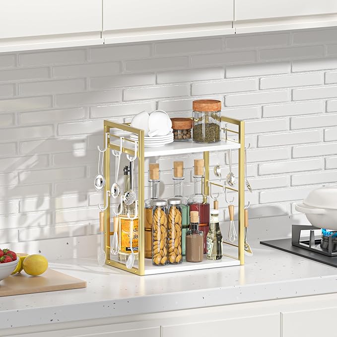 Dorhors 2 Tier Coffee Bar Accessories and Organizer,Multi-functional Mug Holder with 12 Hooks,Wood Coffee Station Organizer,Kitchen Countertop Shelf (Gold + White)