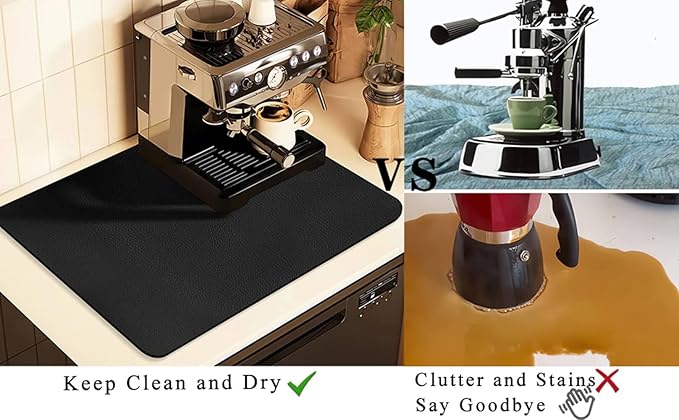 Coffee Mat for Countertops,Coffee Bar Accessories Fit Under Coffee Maker Espresso Machine, Absorbent Hide Stain Rubber Mat for Countertop,Dish Drying Mat for Kitchen Counter (Black, 16"x24")
