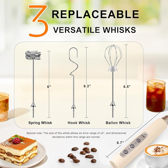 YUSWKO Beige Handheld Milk Frother Wand for Coffee, Rechargeable Electric Whisk with 3 Heads 3 Speeds Drink Mixer Coffee Frother For Latte, Cappuccino, Hot Chocolate, Egg