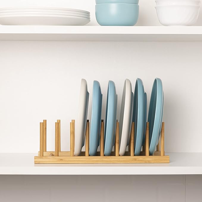 HBlife 4pcs Bamboo Dish Plate Bowl Cup Book Pot Lid Cutting Board Drying Rack Stand Drainer Storage Holder Organizer Kitchen Cabinet (Keep Dry)
