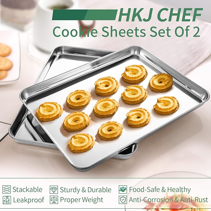 Baking Sheets Set of 2, HKJ Chef Cookie Sheets 2 Pieces Stainless Steel Baking Pans & Toaster Oven Tray Pans, Rectangle Size 9L x 7W x 1H inch & Non Toxic & Healthy & Easy Clean