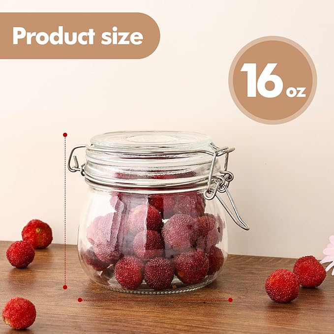 Liuruiyu 16oz - 6 Pack Round Glass Jars with Airtight Lid, Wide Mouth Mason Jars with Clamp Lids, Air Tight Glass Canisters, Food Storage Containers for Cereal, Pasta, Beans, Sugar, Coffee, Spice